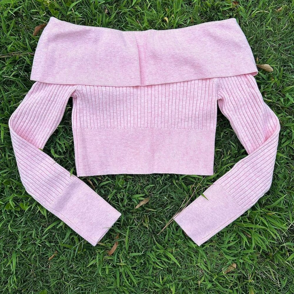 Pink Ribbed Off-Shoulder Sweater Crop Top